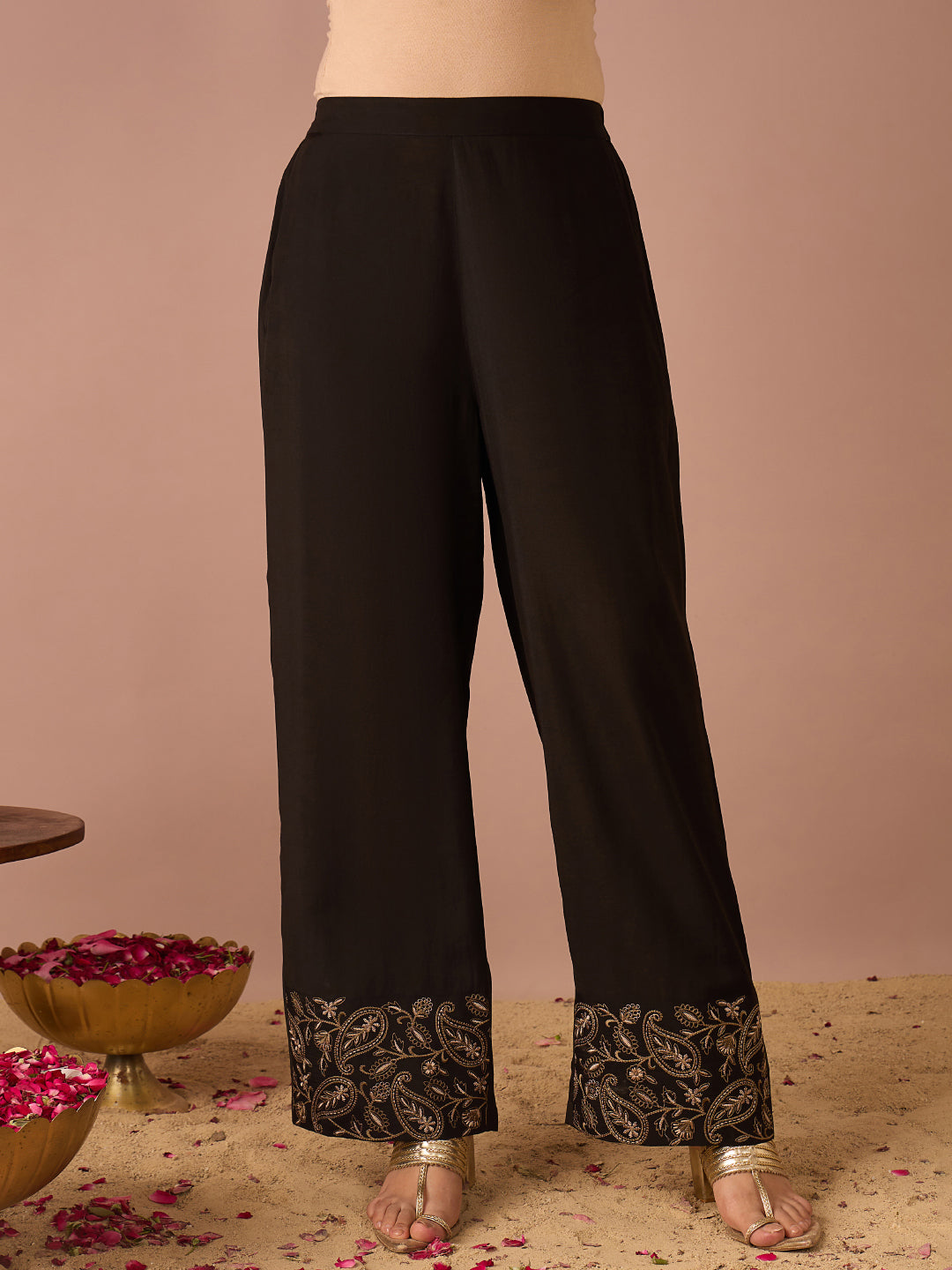 Janasya Women's Black Chanderi Silk Floral Yoke Embroidered Straight Kurta Pant Set