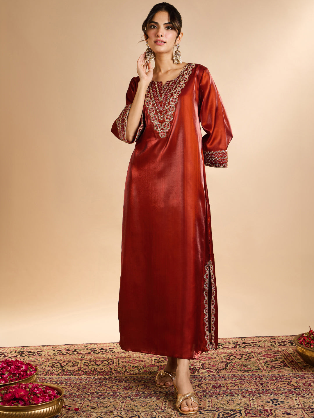 Janasya Women's Rust Silk Blend Sequins Zari Yoke Embroidered Straight Kaftan Kurta