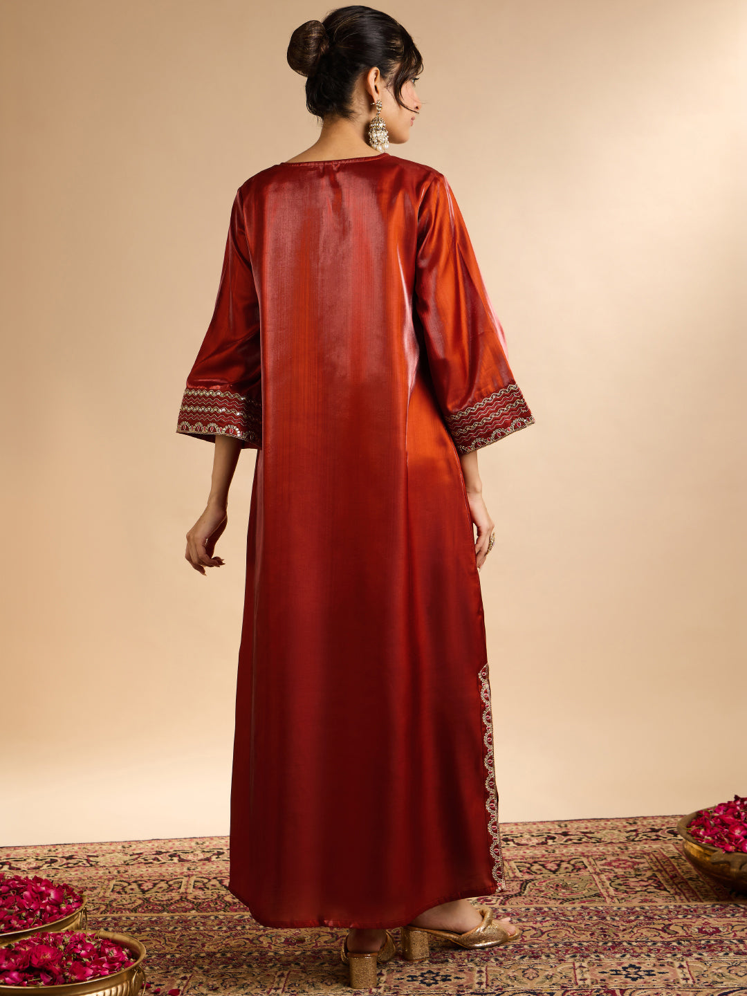Janasya Women's Rust Silk Blend Sequins Zari Yoke Embroidered Straight Kaftan Kurta