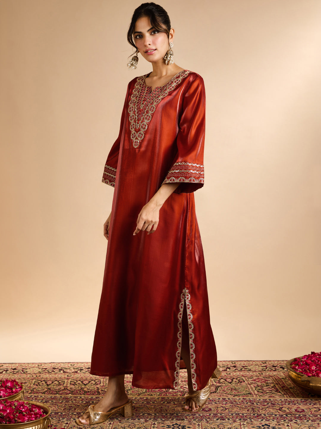 Janasya Women's Rust Silk Blend Sequins Zari Yoke Embroidered Straight Kaftan Kurta