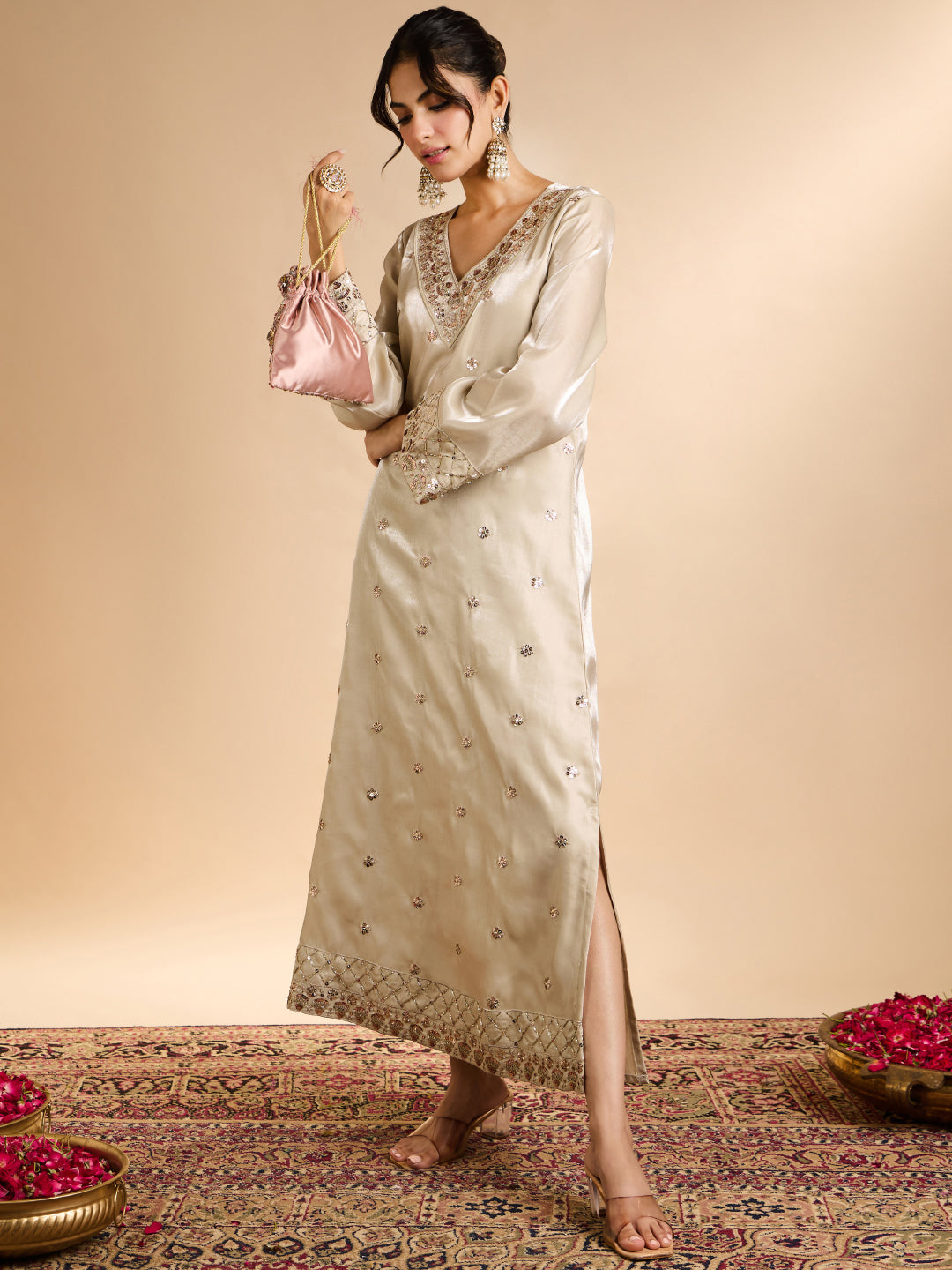Janasya Women's Champagne Silk Blend Floral Zari Embroidered Straight Kaftan Kurta