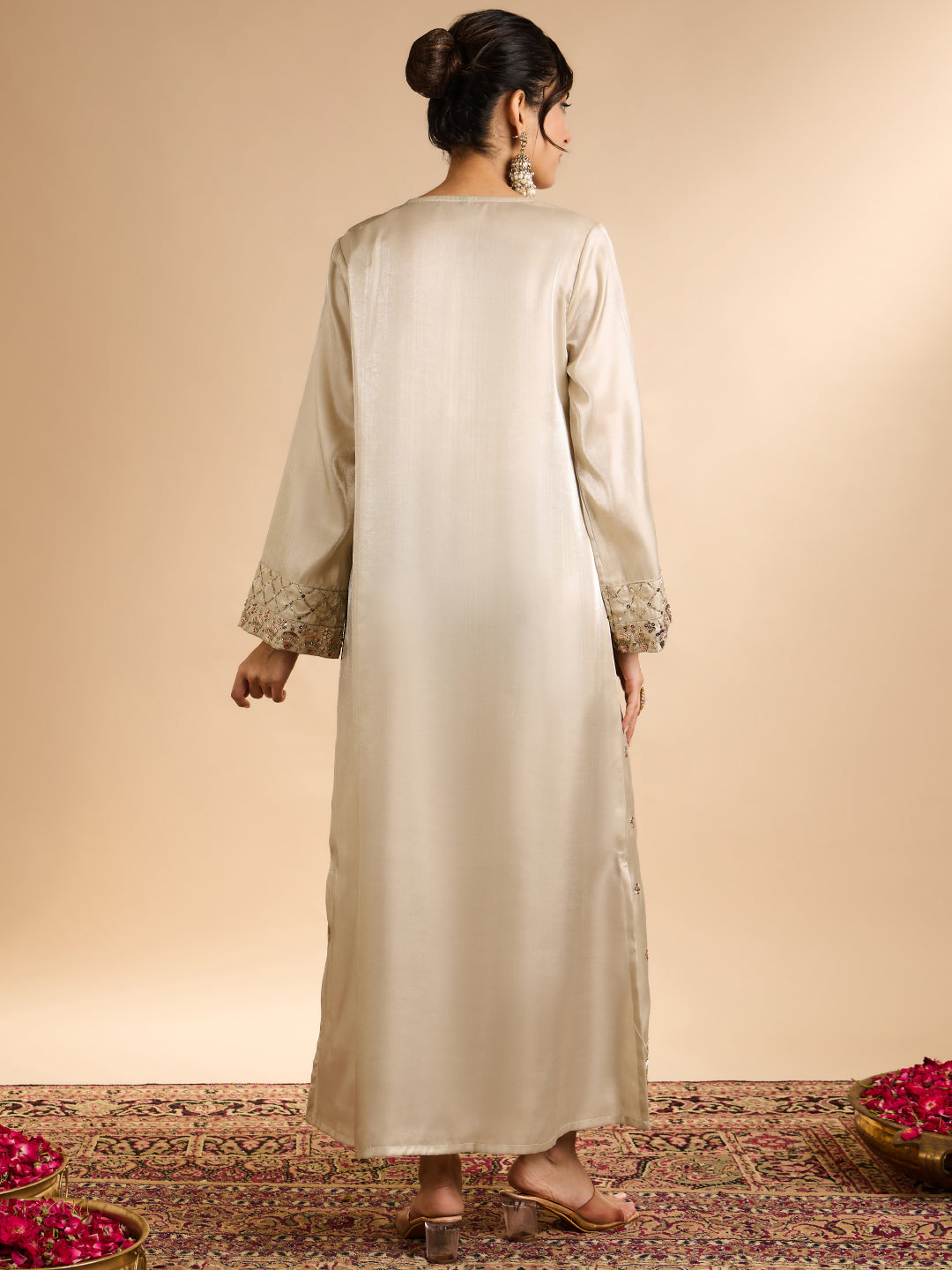 Janasya Women's Champagne Silk Blend Floral Zari Embroidered Straight Kaftan Kurta