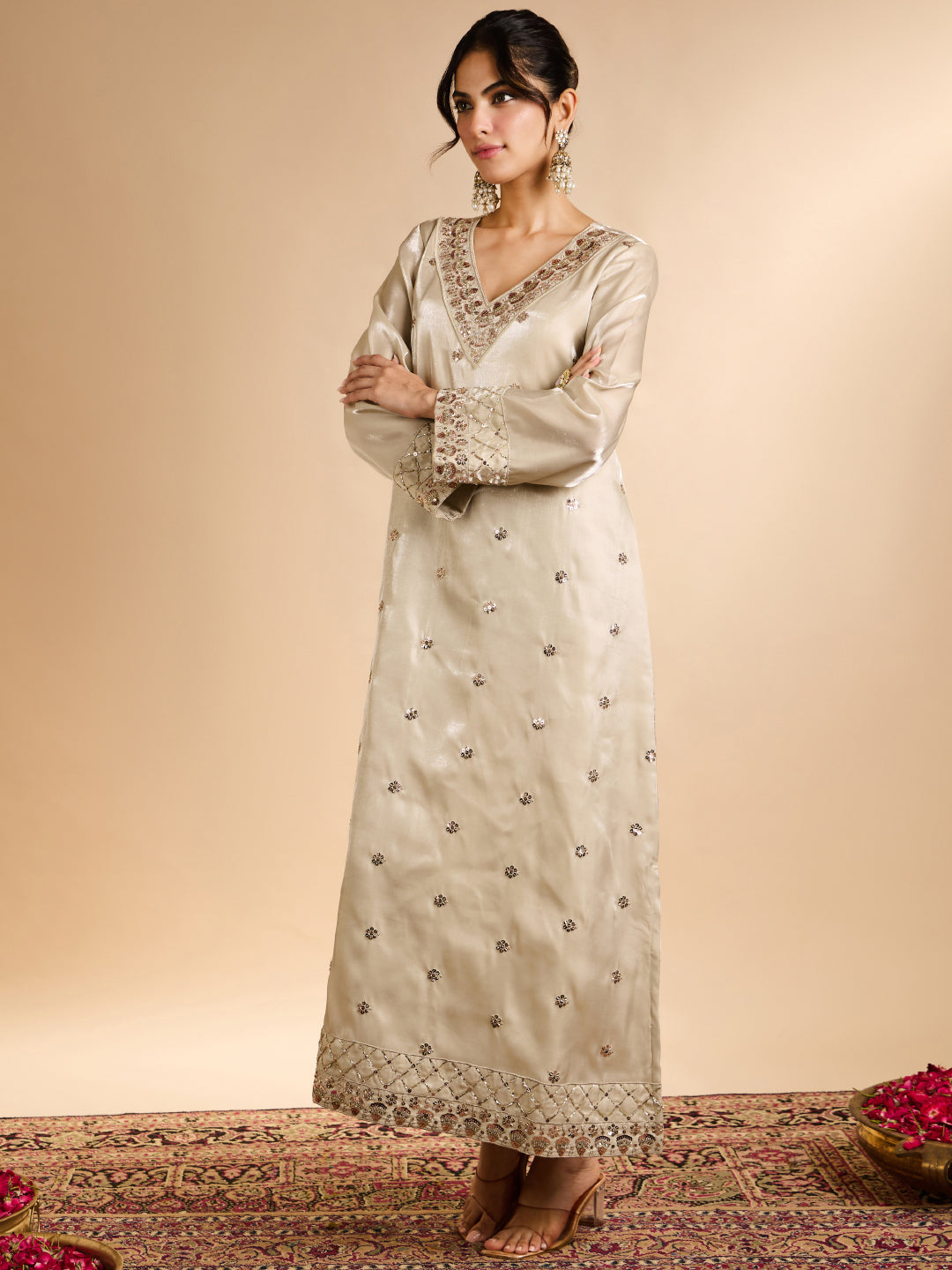 Janasya Women's Champagne Silk Blend Floral Zari Embroidered Straight Kaftan Kurta