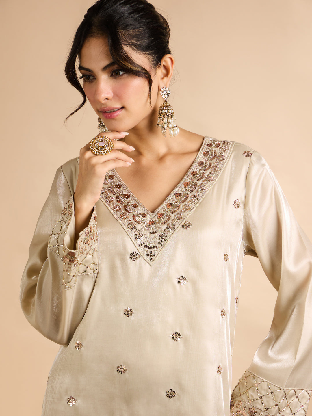 Janasya Women's Champagne Silk Blend Floral Zari Embroidered Straight Kaftan Kurta
