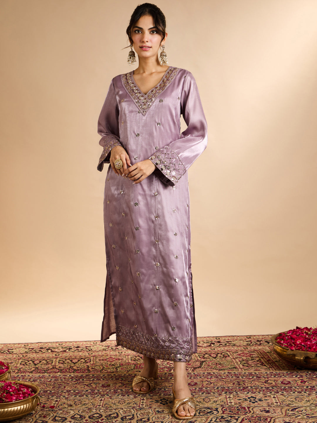 Janasya Women's Lavender Silk Blend Floral Zari Embroidered Straight Kaftan Kurta