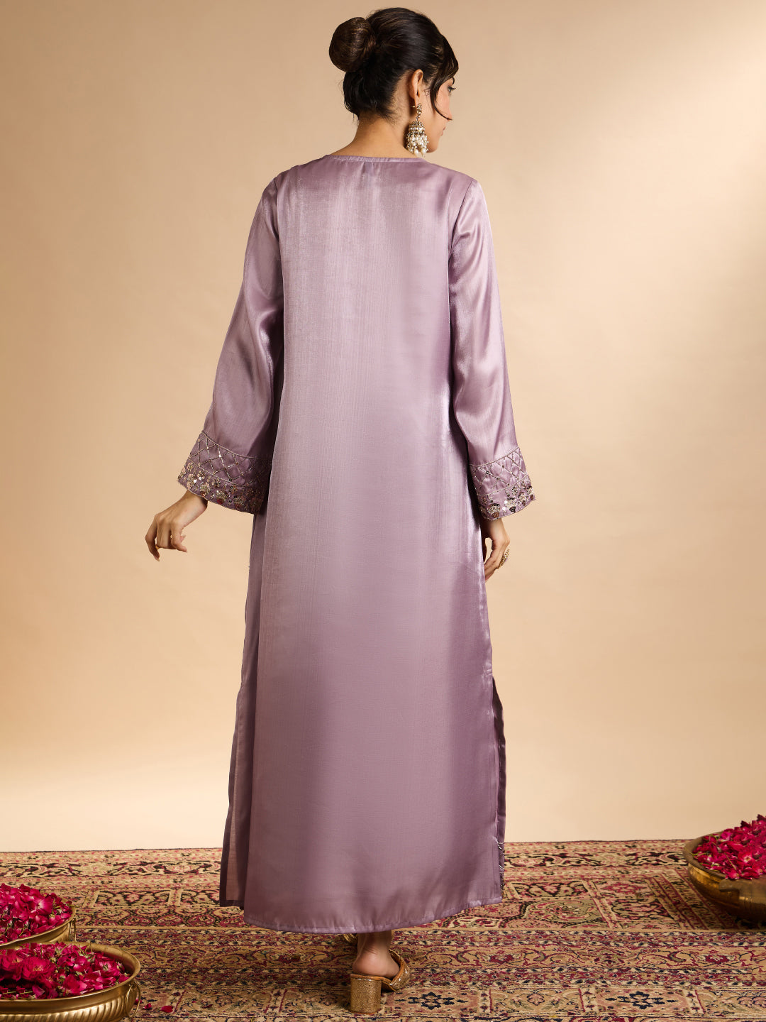 Janasya Women's Lavender Silk Blend Floral Zari Embroidered Straight Kaftan Kurta