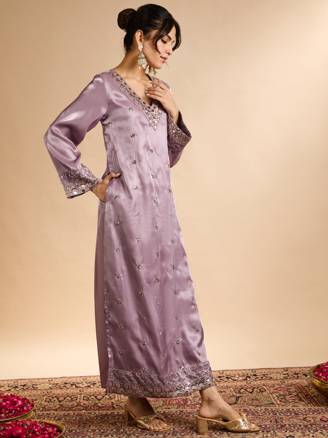 Janasya Women's Lavender Silk Blend Floral Zari Embroidered Straight Kaftan Kurta
