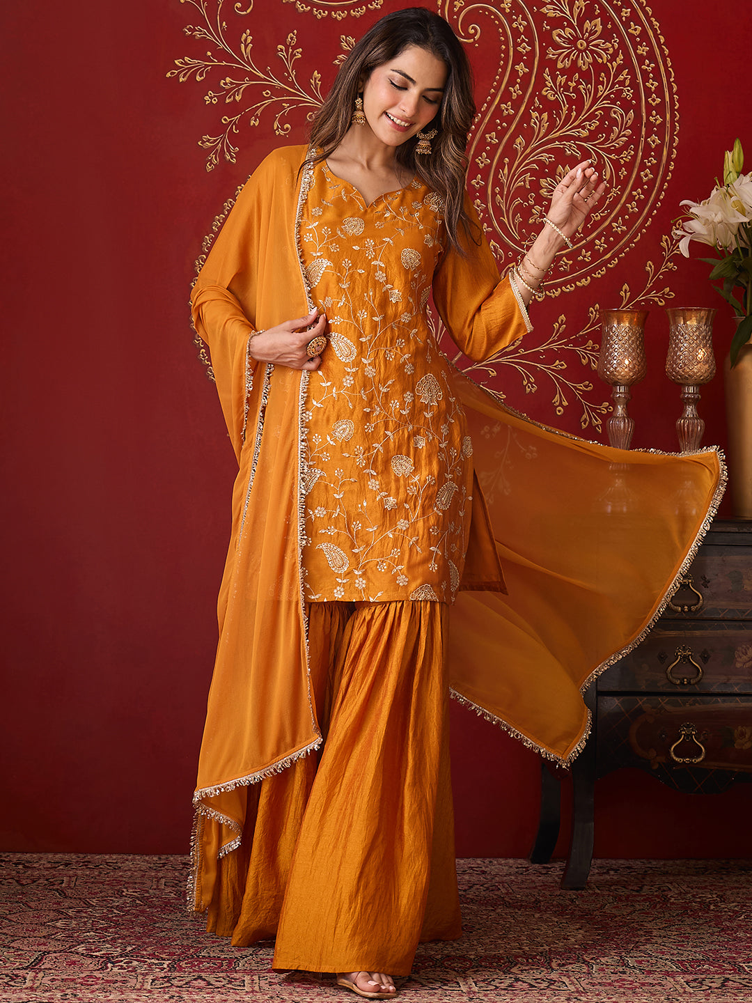 Janasya Women's Mustard Silk Blend Floral Zari Embroidered Straight Kurta with Sharara and Dupatta Set