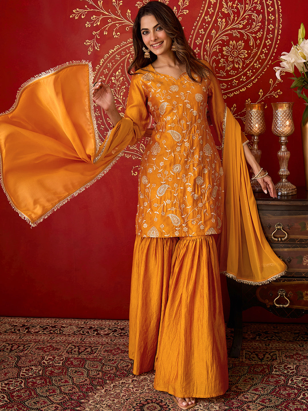 Janasya Women's Mustard Silk Blend Floral Zari Embroidered Straight Kurta with Sharara and Dupatta Set