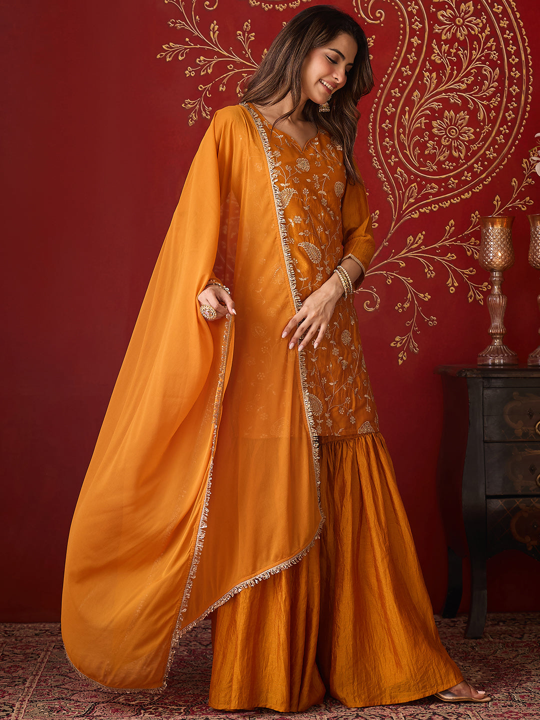 Janasya Women's Mustard Silk Blend Floral Zari Embroidered Straight Kurta with Sharara and Dupatta Set