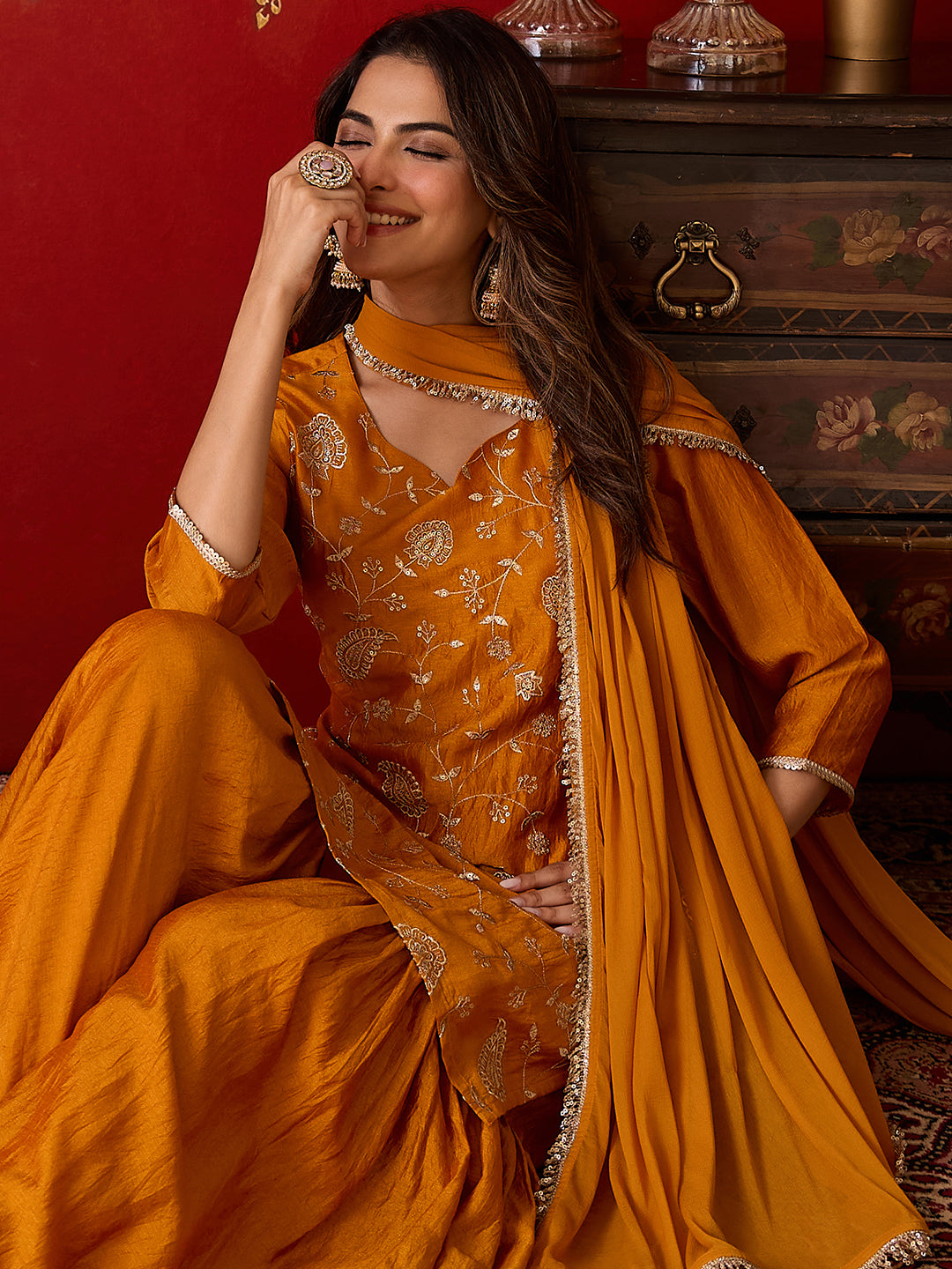 Janasya Women's Mustard Silk Blend Floral Zari Embroidered Straight Kurta with Sharara and Dupatta Set