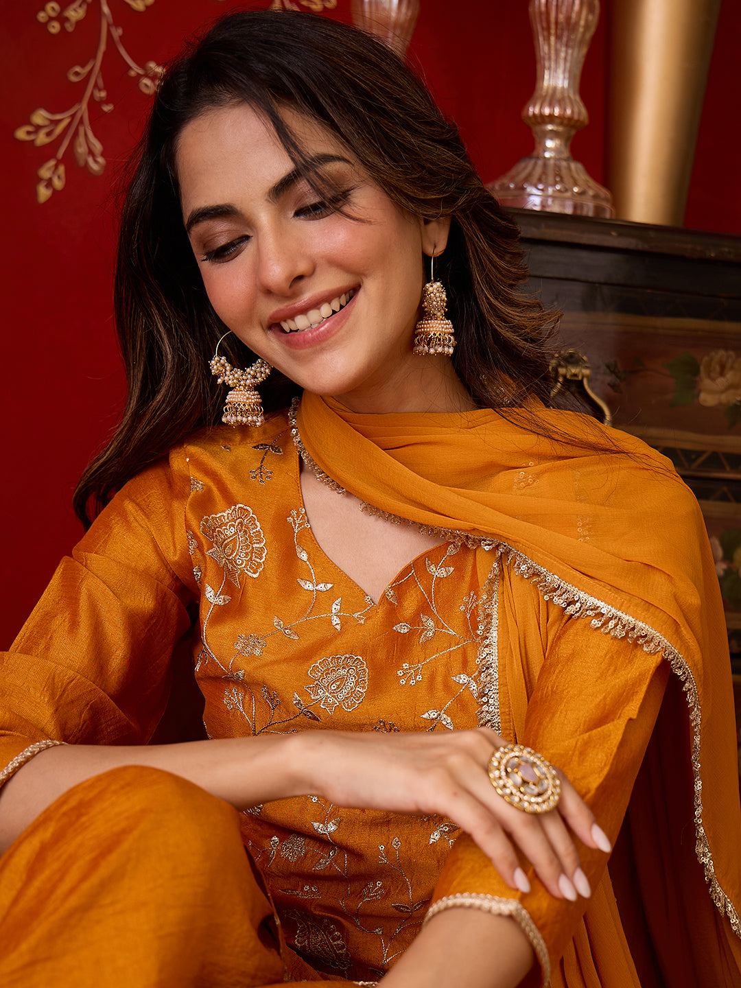 Janasya Women's Mustard Silk Blend Floral Zari Embroidered Straight Kurta with Sharara and Dupatta Set