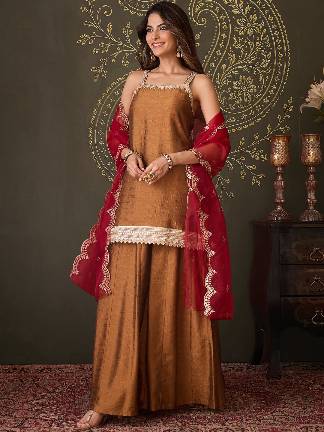 Janasya Women's Bronze Brown Silk Blend Embellished Straight Kurta with Sharara & Dupatta Set