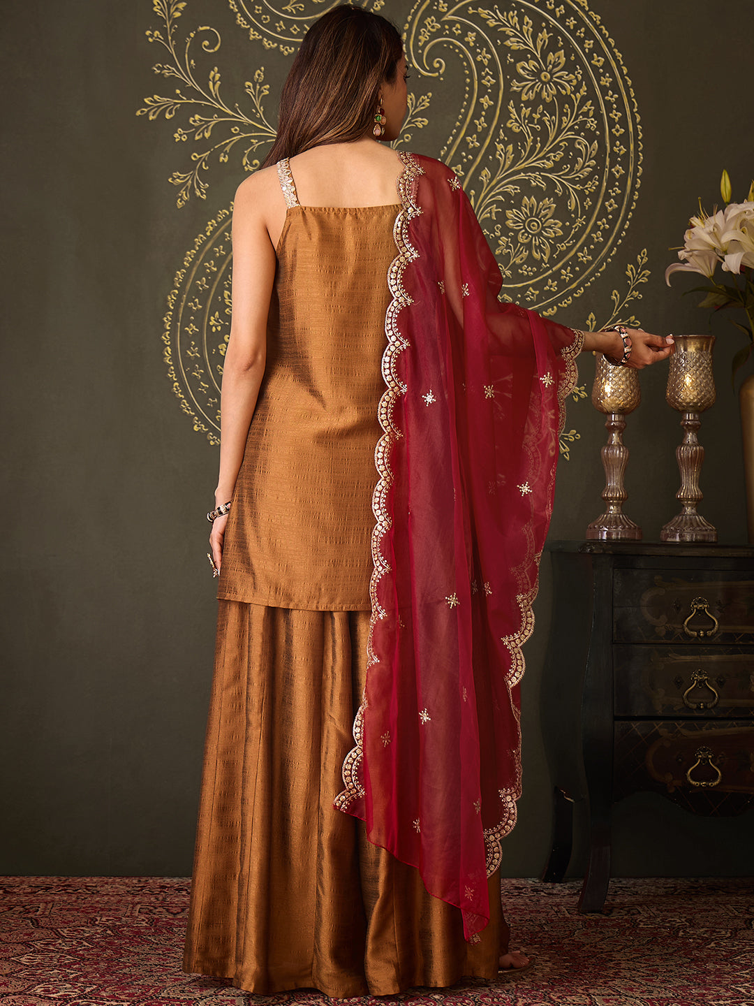 Janasya Women's Bronze Brown Silk Blend Embellished Straight Kurta with Sharara & Dupatta Set
