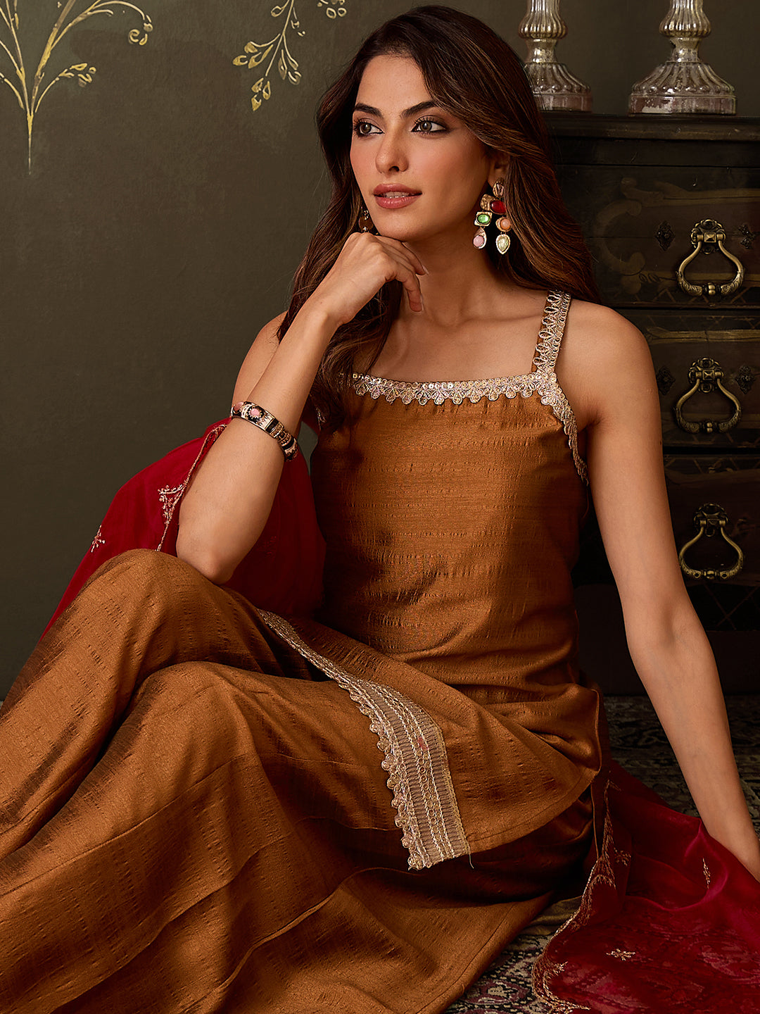 Janasya Women's Bronze Brown Silk Blend Embellished Straight Kurta with Sharara & Dupatta Set