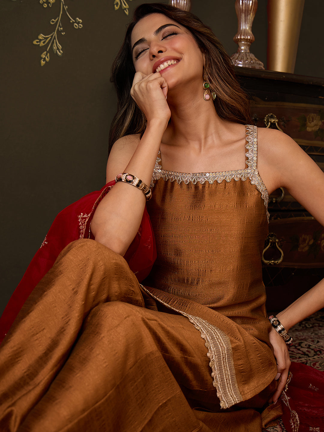 Janasya Women's Bronze Brown Silk Blend Embellished Straight Kurta with Sharara & Dupatta Set