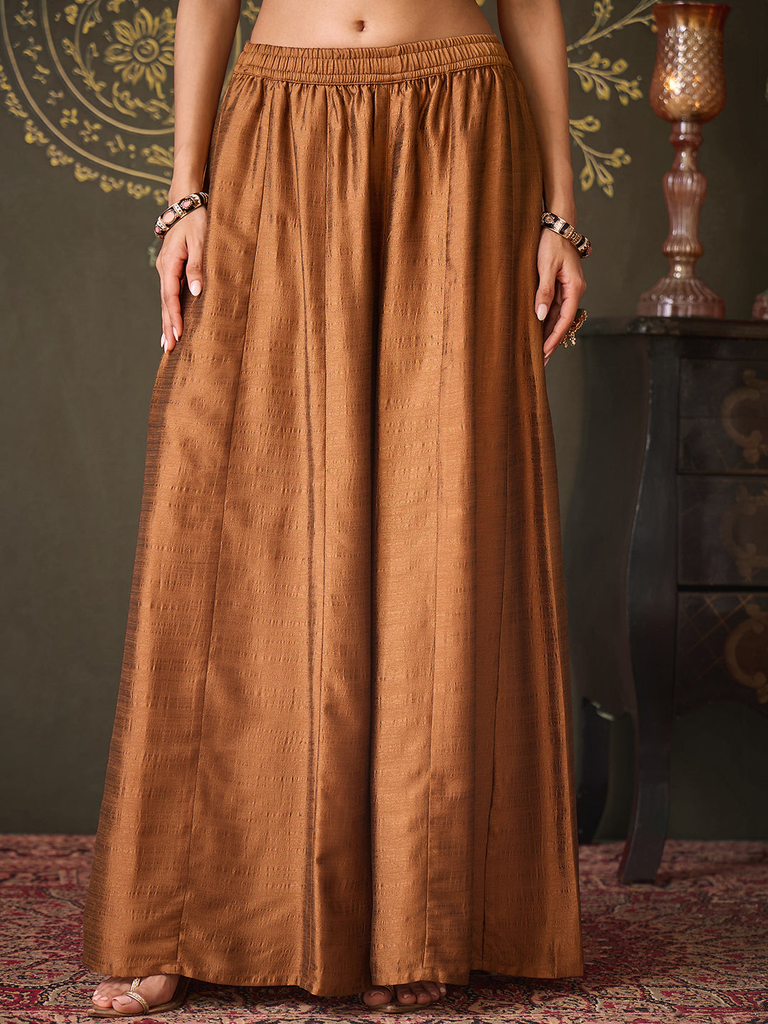 Janasya Women's Bronze Brown Silk Blend Embellished Straight Kurta with Sharara & Dupatta Set