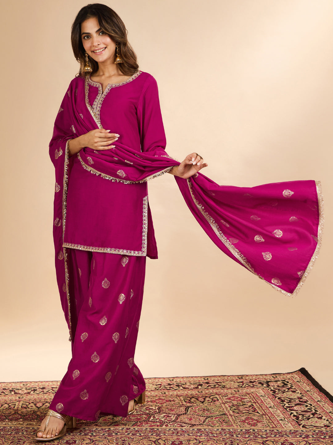 Janasya Women's Magenta Muslin Zari Embroidered Foil Printed Straight Kurta with Palazzo And Dupatta Set