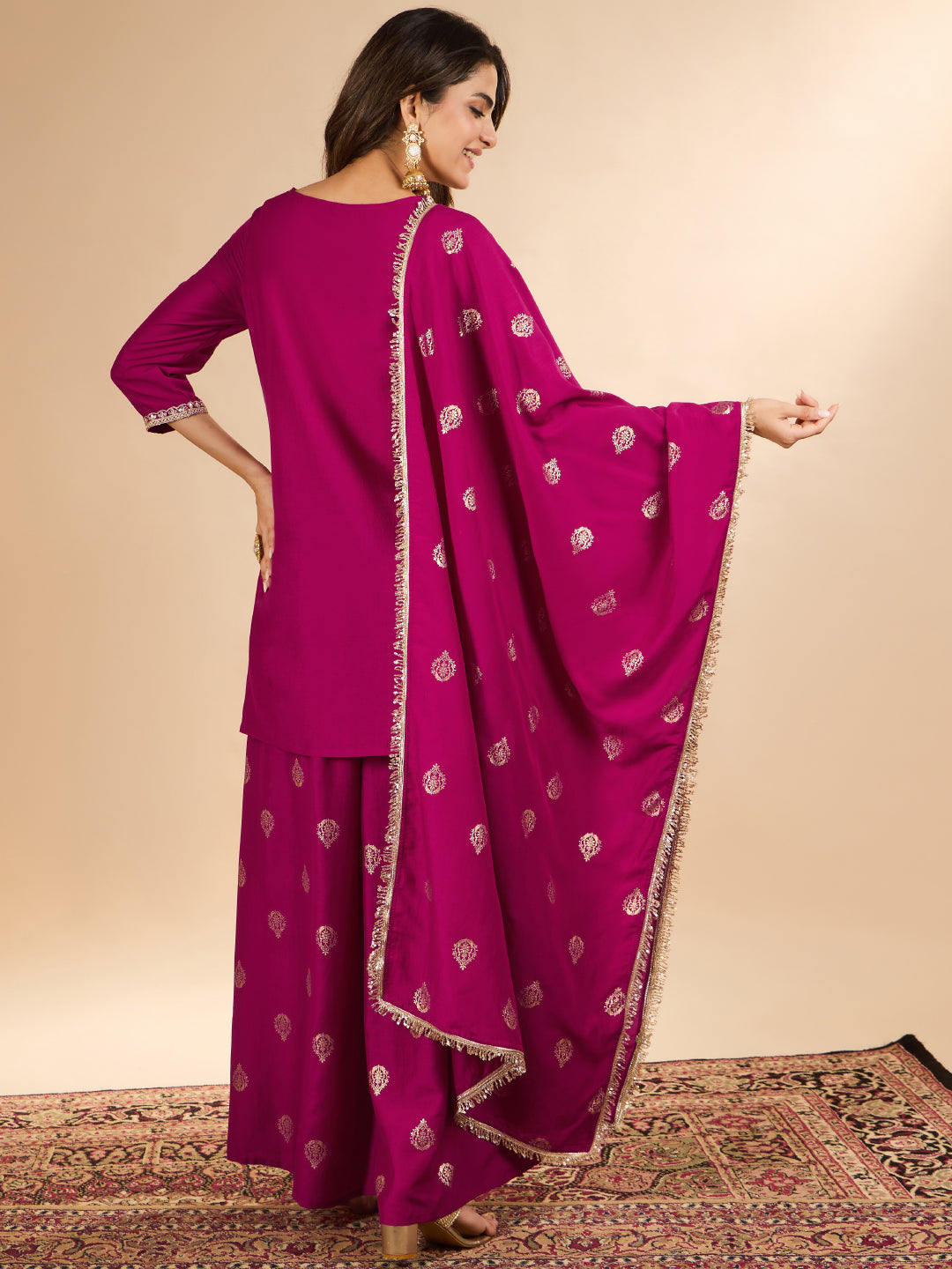 Janasya Women's Magenta Muslin Zari Embroidered Foil Printed Straight Kurta with Palazzo And Dupatta Set
