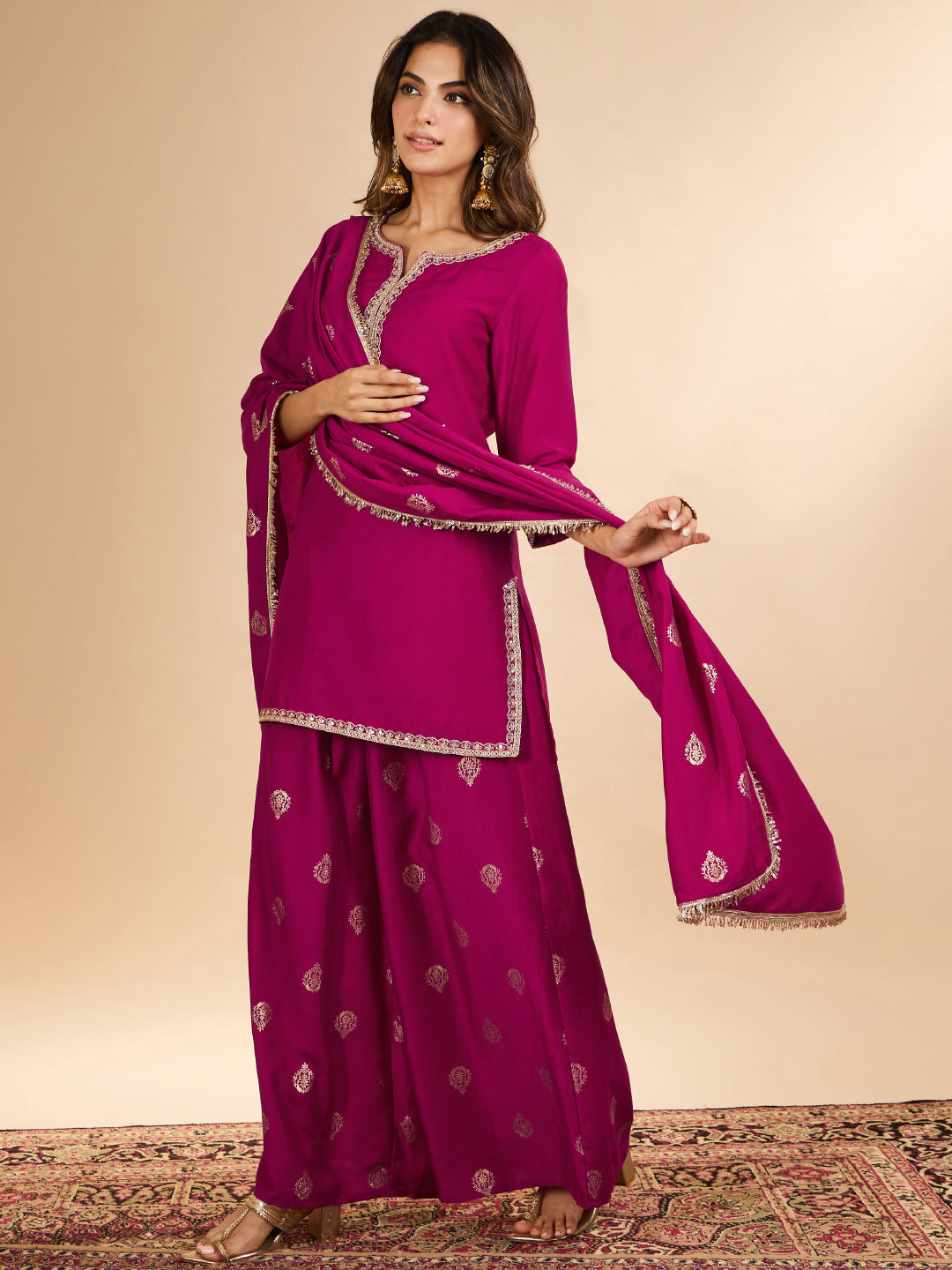 Janasya Women's Magenta Muslin Zari Embroidered Foil Printed Straight Kurta with Palazzo And Dupatta Set