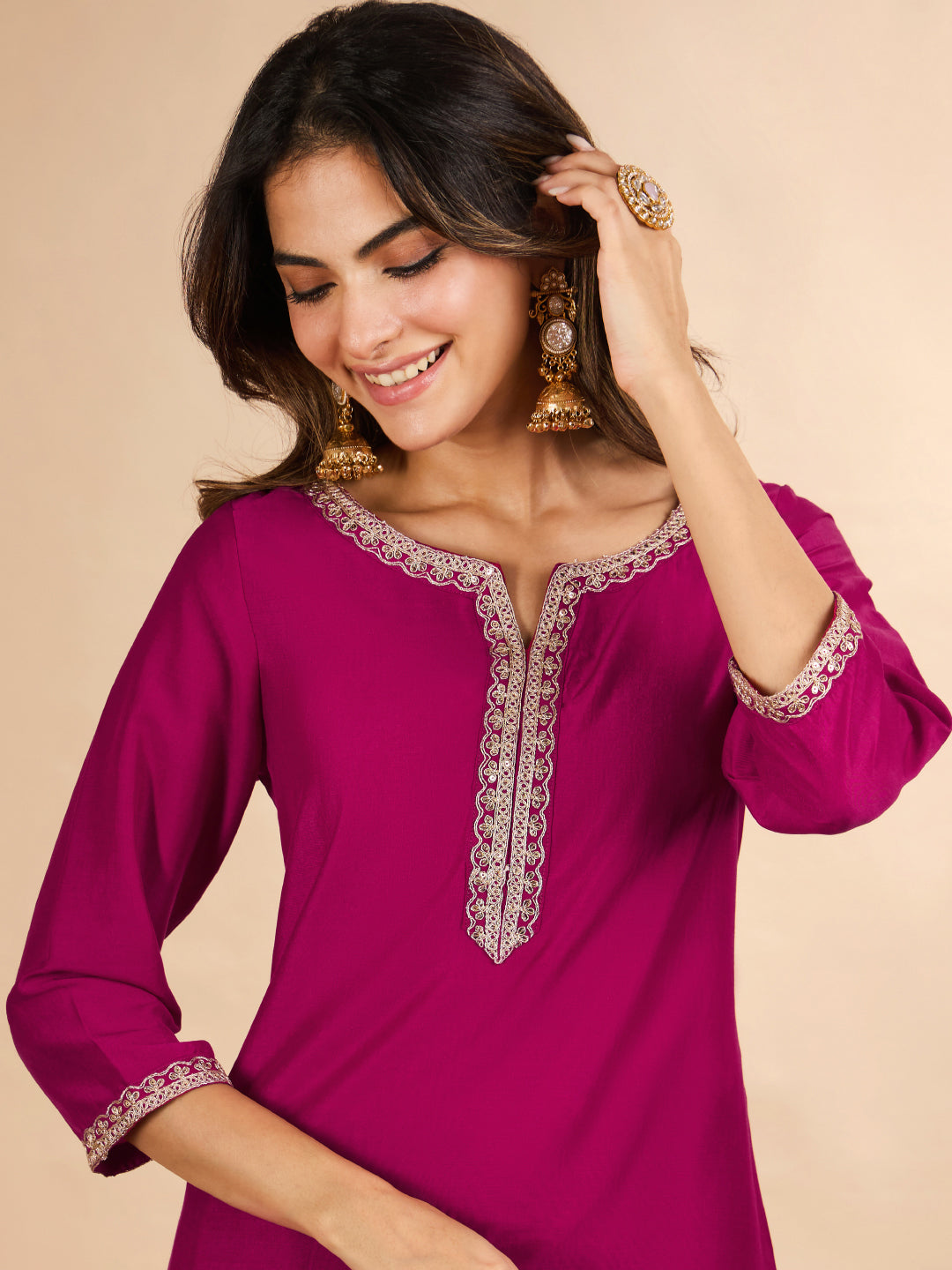 Janasya Women's Magenta Muslin Zari Embroidered Foil Printed Straight Kurta with Palazzo And Dupatta Set