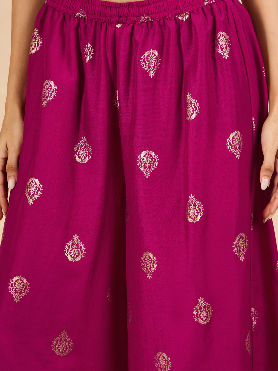Janasya Women's Magenta Muslin Zari Embroidered Foil Printed Straight Kurta with Palazzo And Dupatta Set