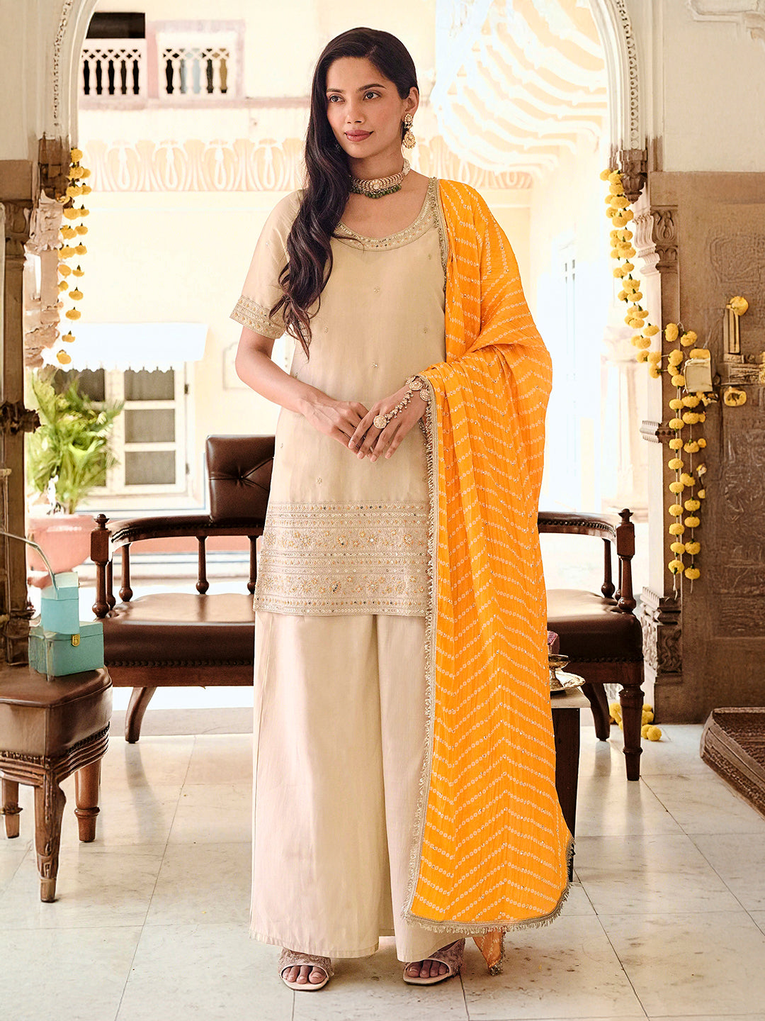 Janasya Women's Beige Silk Blend Embroidered Straight Kurta and Palazzo Set with Bandhani Printed Dupatta