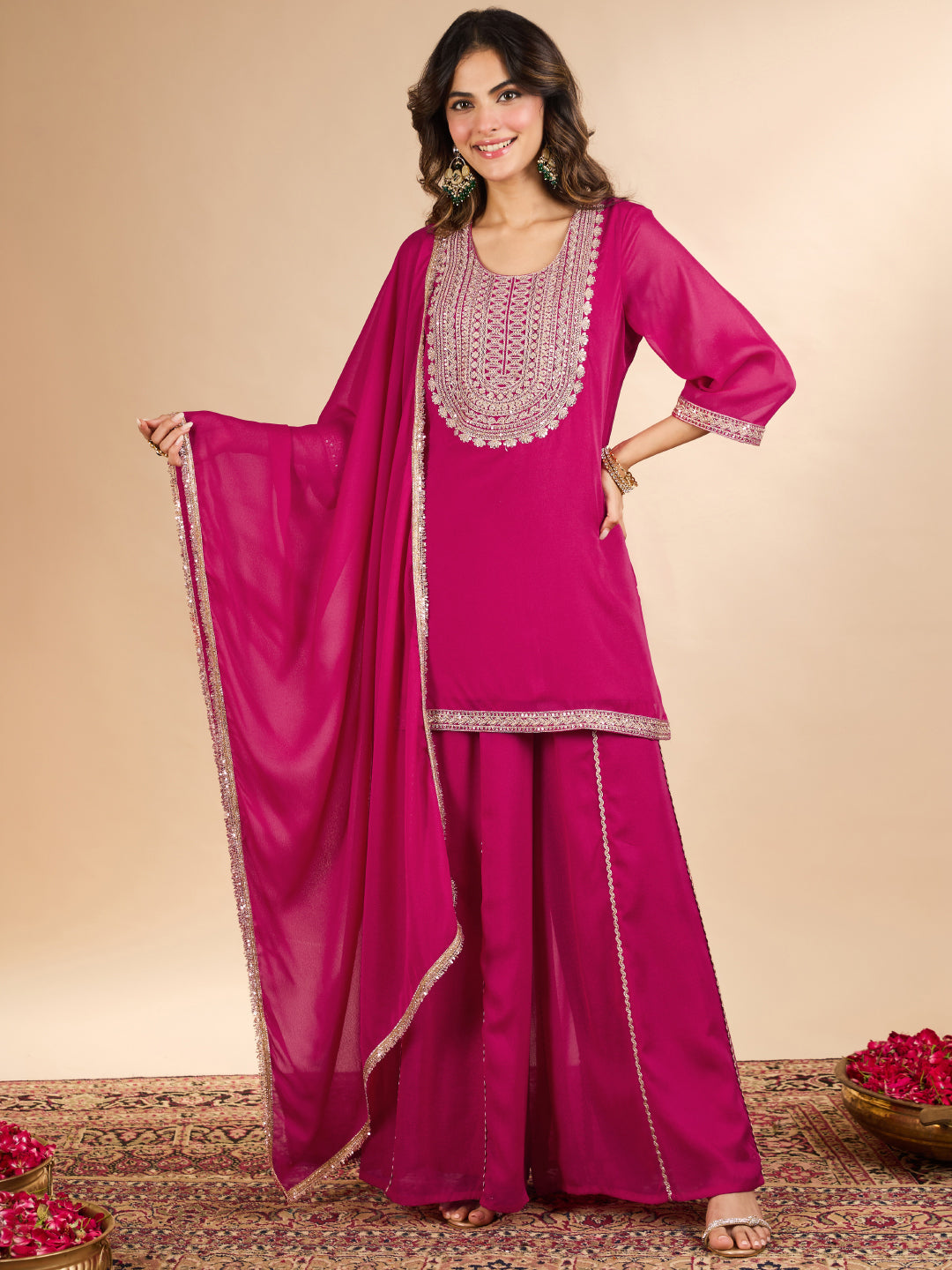 Janasya Women's Pink Georgette Sequins Zari Yoke Embroidered Straight Kurta with Sharara And Dupatta Set