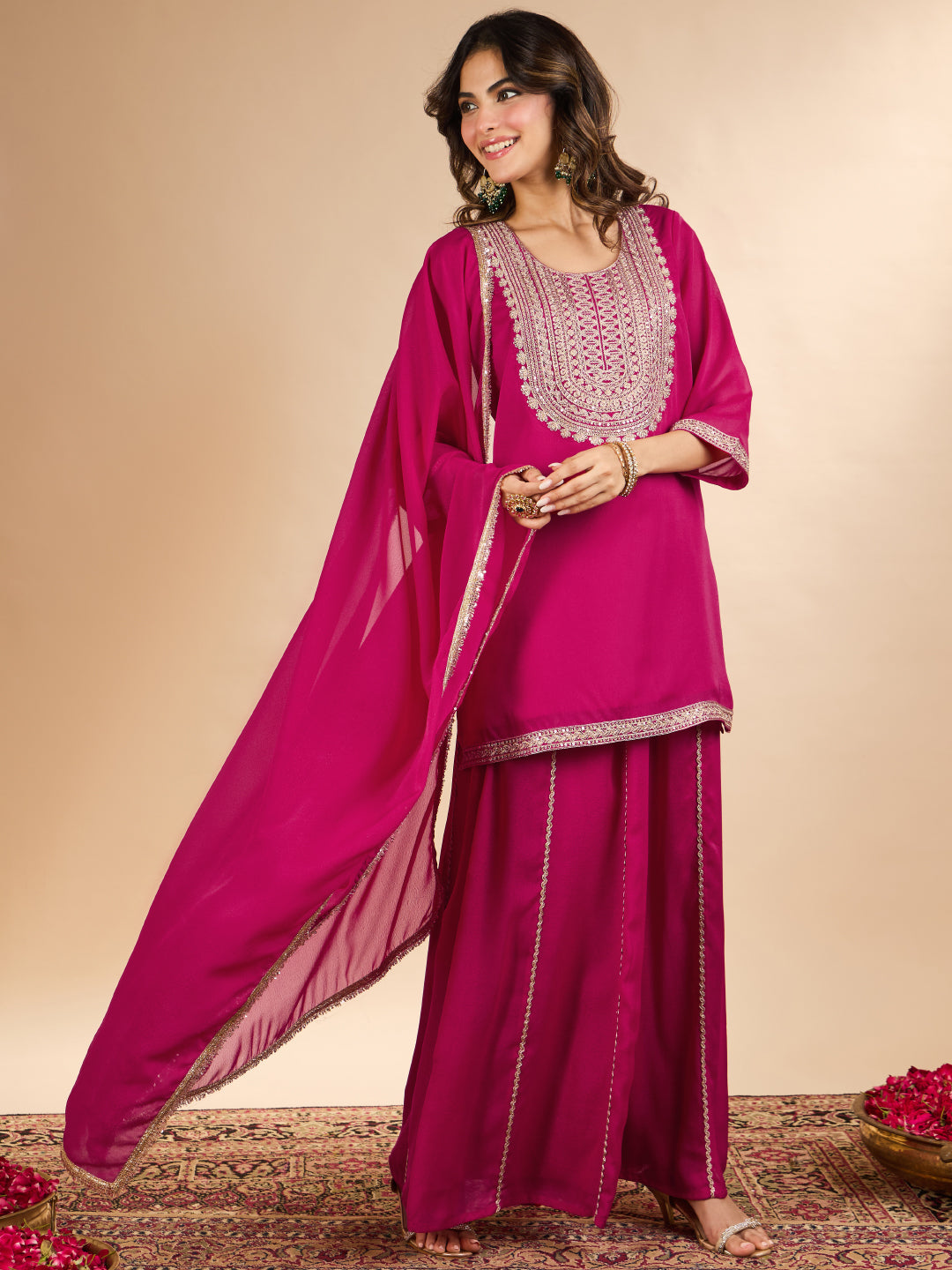 Janasya Women's Pink Georgette Sequins Zari Yoke Embroidered Straight Kurta with Sharara And Dupatta Set