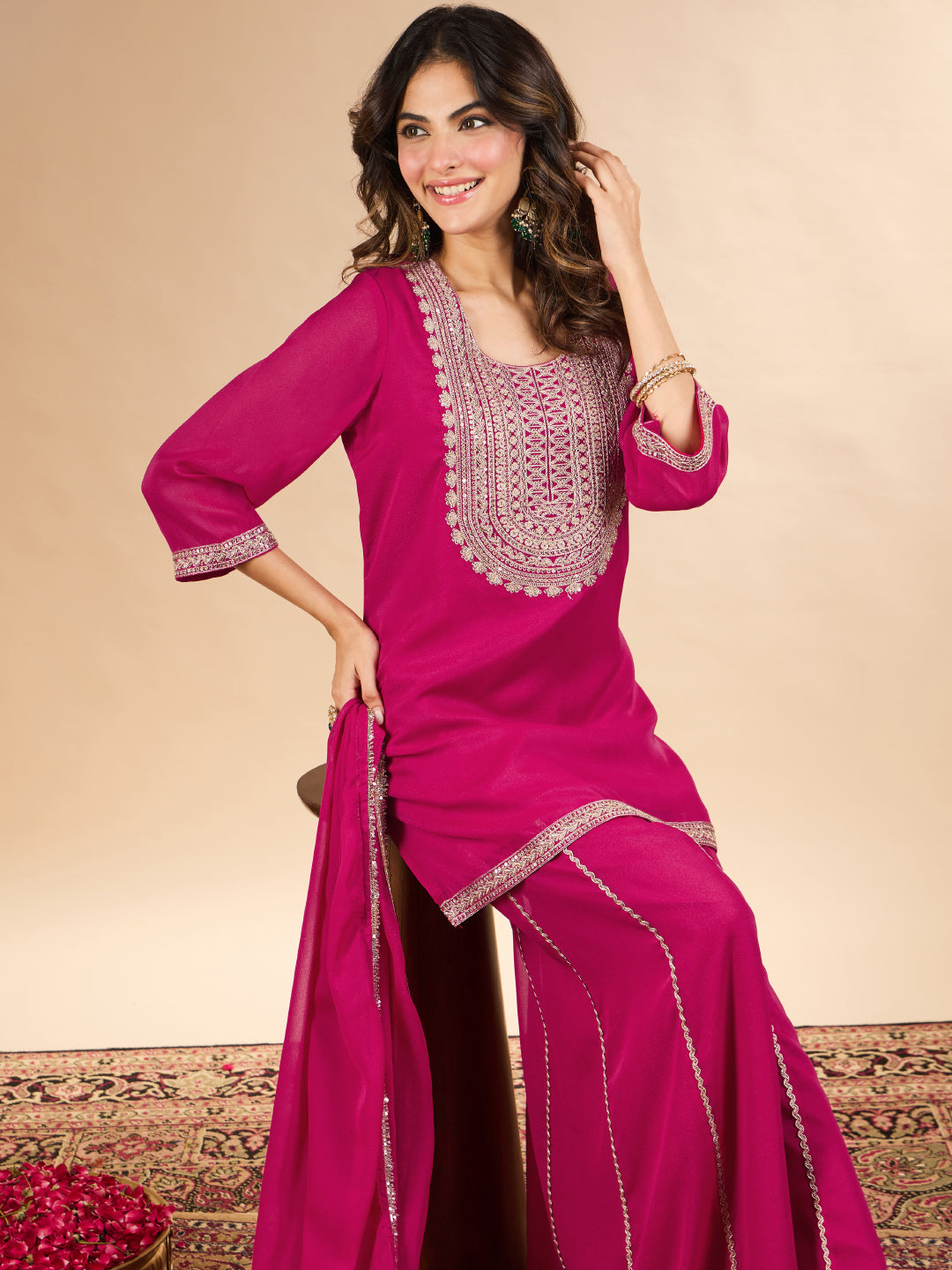 Janasya Women's Pink Georgette Sequins Zari Yoke Embroidered Straight Kurta with Sharara And Dupatta Set
