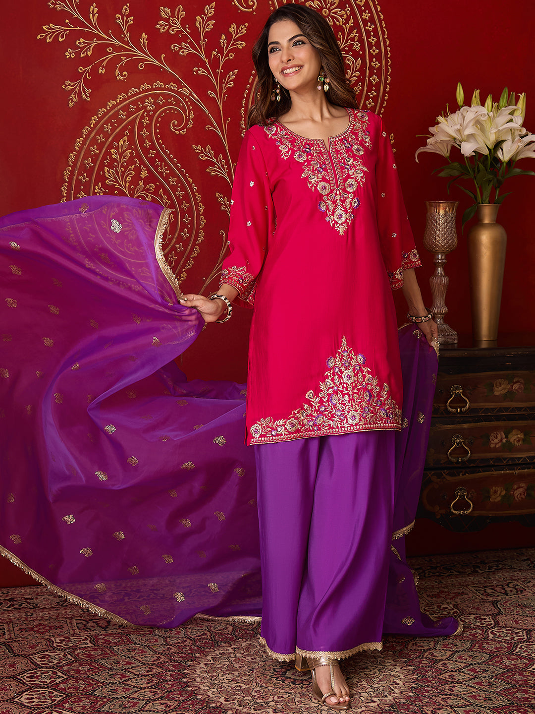 Janasya Women's Pink Chanderi Silk Floral Embroidered Straight Kurta with Sharara and Dupatta Set