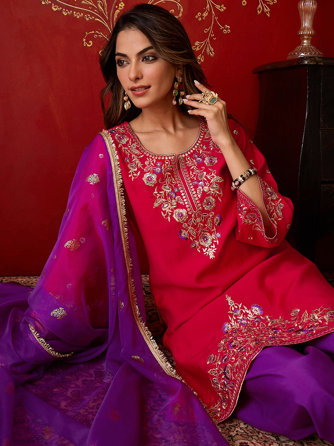 Janasya Women's Pink Chanderi Silk Floral Embroidered Straight Kurta with Sharara and Dupatta Set
