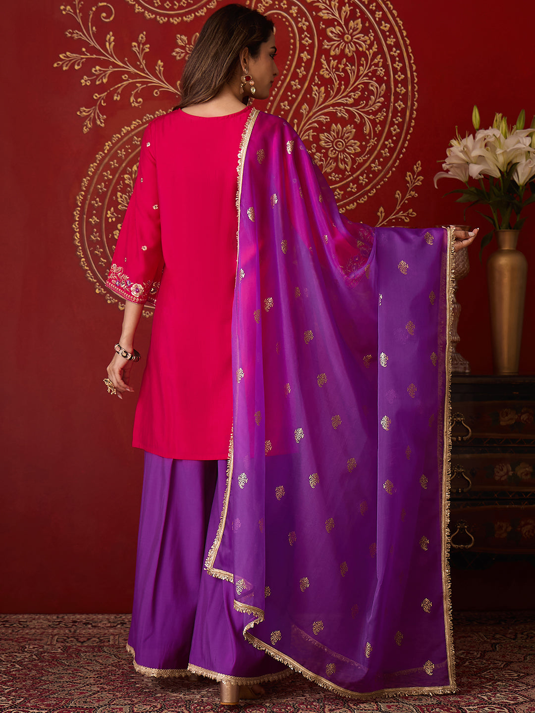 Janasya Women's Pink Chanderi Silk Floral Embroidered Straight Kurta with Sharara and Dupatta Set