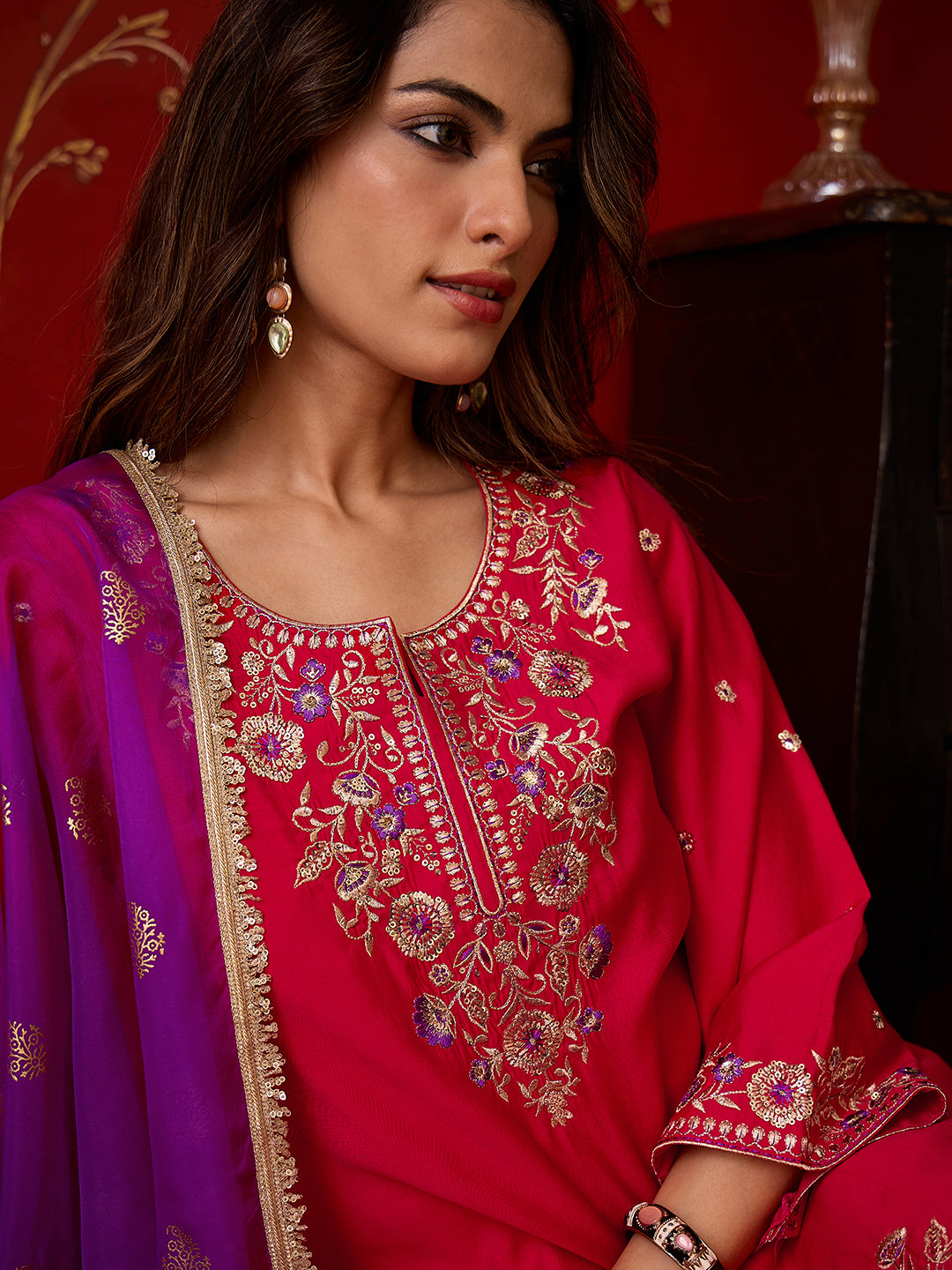 Janasya Women's Pink Chanderi Silk Floral Embroidered Straight Kurta with Sharara and Dupatta Set