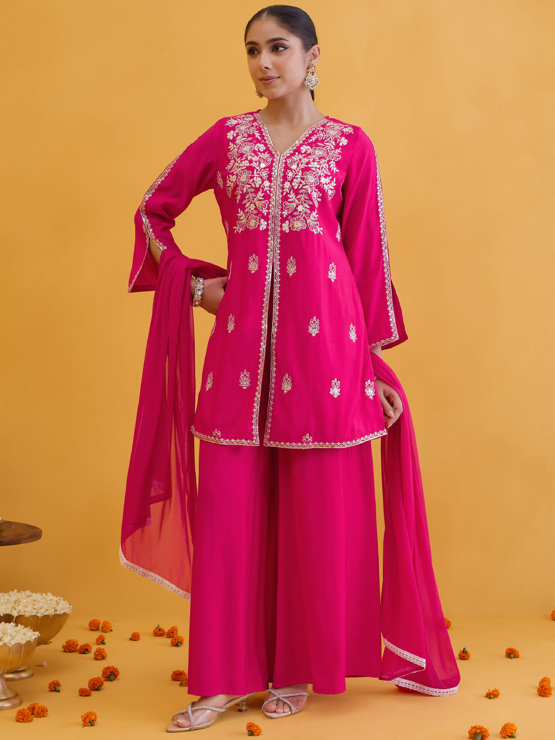 Janasya Women's Pink Chanderi Silk Floral Embroidered Straight Front Slit Kurta with Palazzo and Dupatta Set