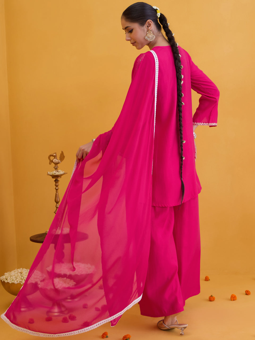 Janasya Women's Pink Chanderi Silk Floral Embroidered Straight Front Slit Kurta with Palazzo and Dupatta Set