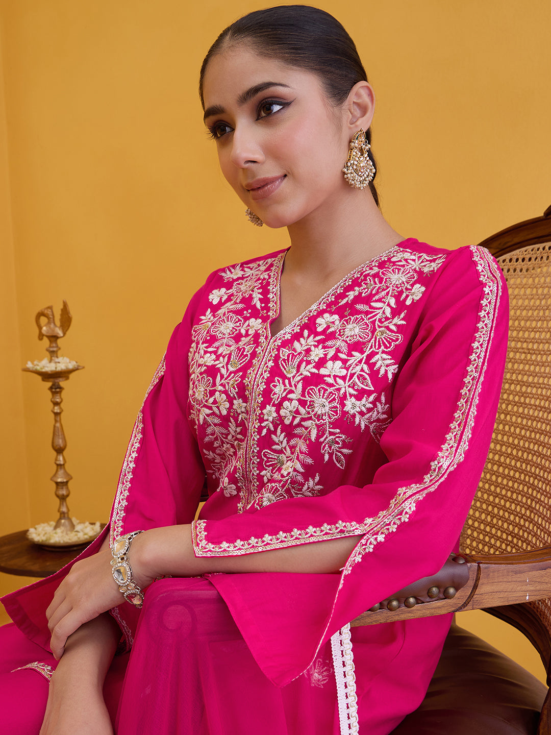 Janasya Women's Pink Chanderi Silk Floral Embroidered Straight Front Slit Kurta with Palazzo and Dupatta Set