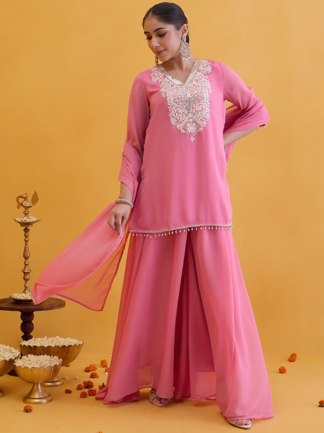 Janasya Women's Pink Georgette Floral Embroidered Straight Kurta with Sharara and Dupatta Set