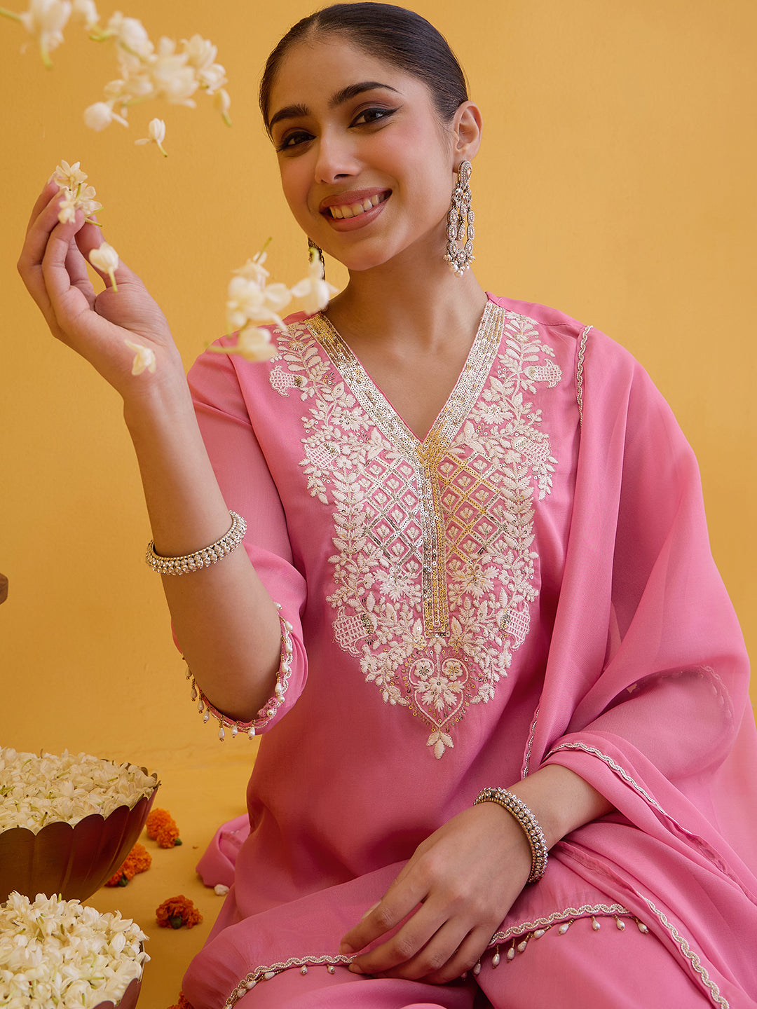 Janasya Women's Pink Georgette Floral Embroidered Straight Kurta with Sharara and Dupatta Set