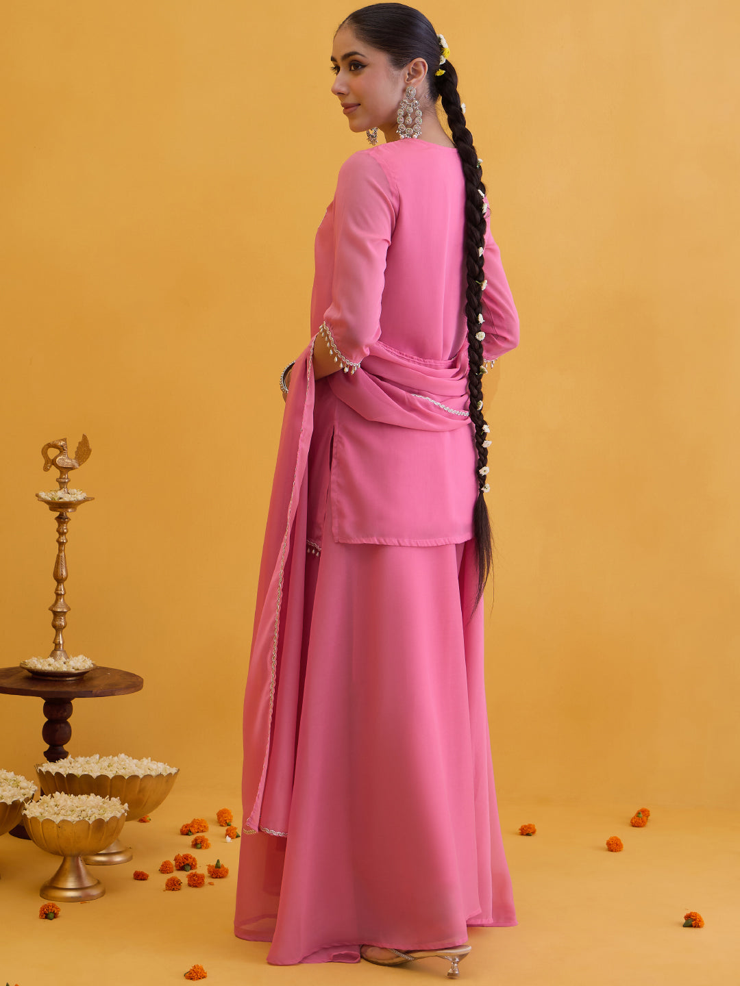Janasya Women's Pink Georgette Floral Embroidered Straight Kurta with Sharara and Dupatta Set