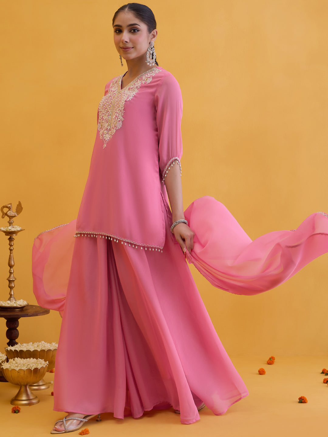 Janasya Women's Pink Georgette Floral Embroidered Straight Kurta with Sharara and Dupatta Set