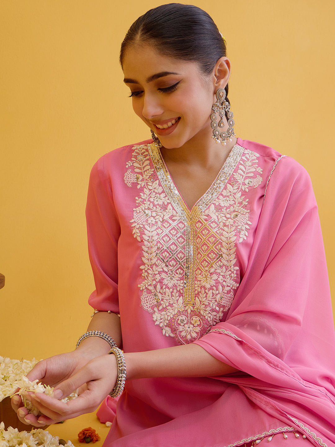 Janasya Women's Pink Georgette Floral Embroidered Straight Kurta with Sharara and Dupatta Set