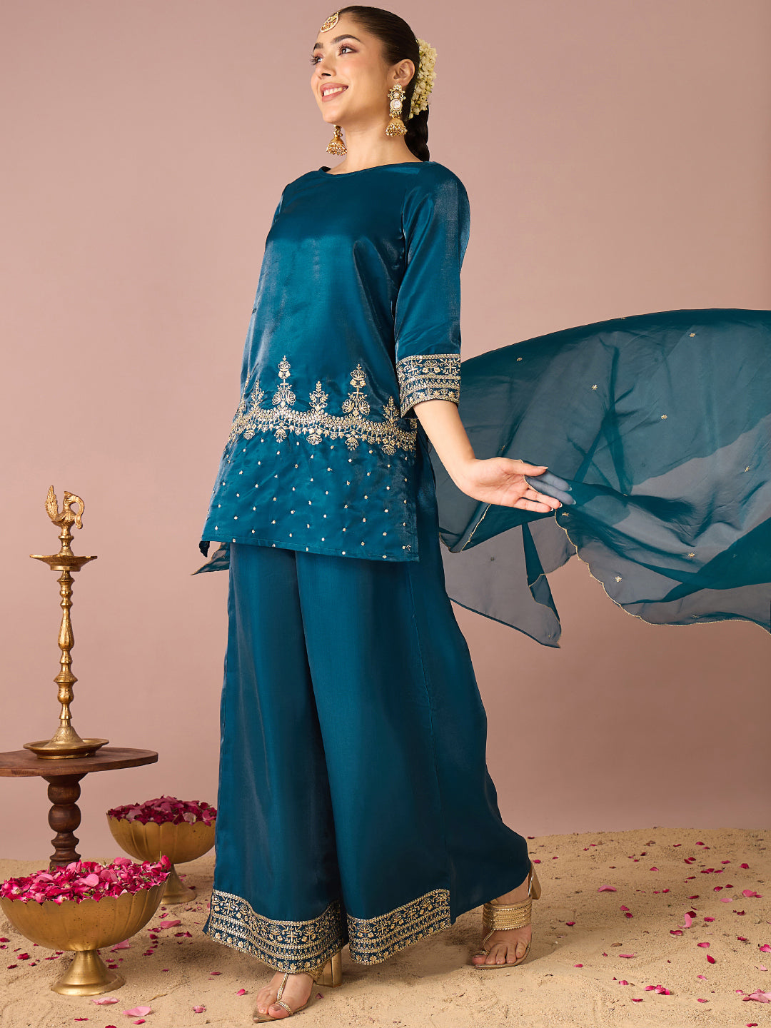 Janasya Women's Teal Blue Silk Blend Floral Sequins And Zari Embroidered Straight Kurta with Palazzo And Dupatta Set