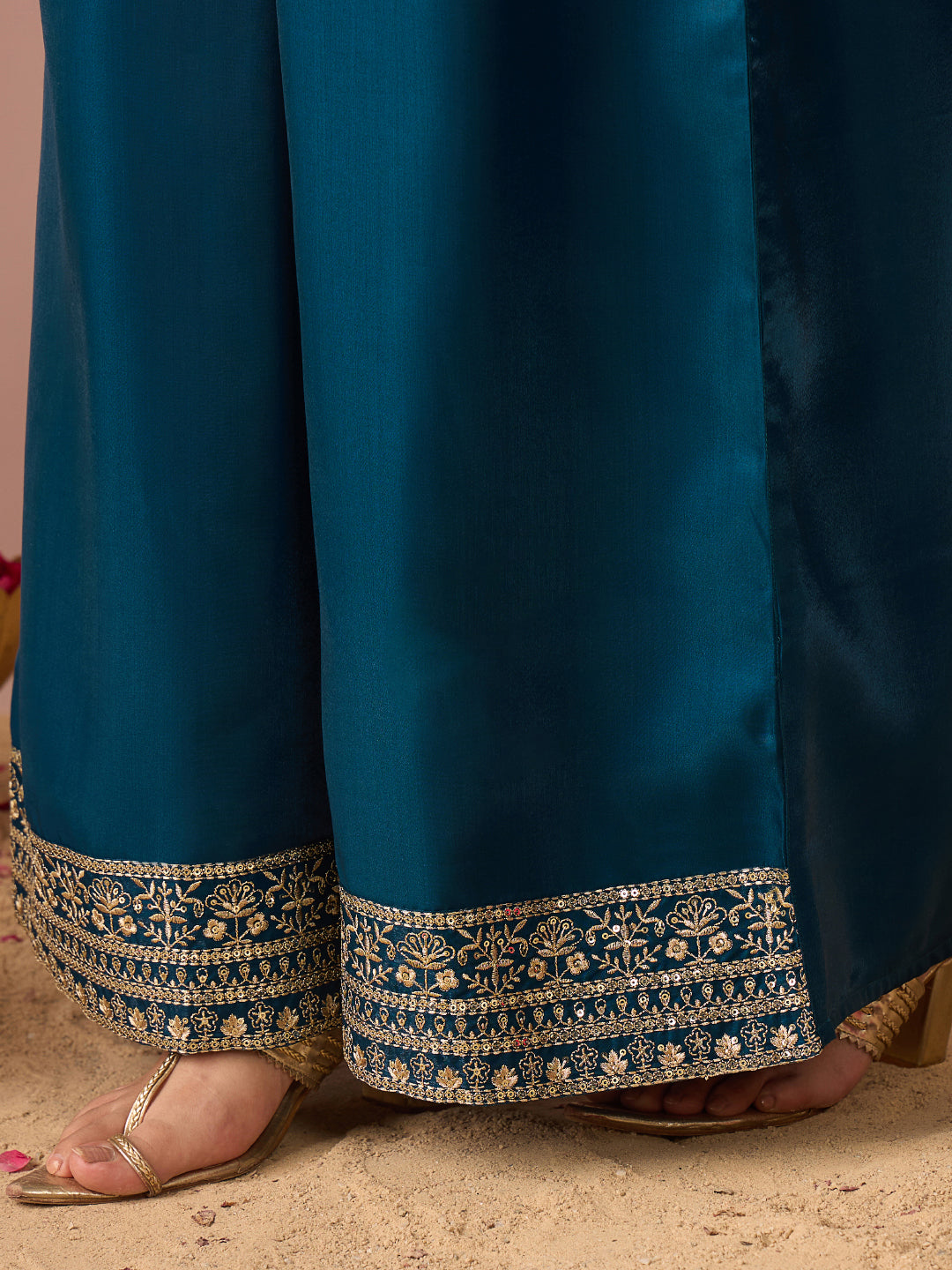 Janasya Women's Teal Blue Silk Blend Floral Sequins And Zari Embroidered Straight Kurta with Palazzo And Dupatta Set