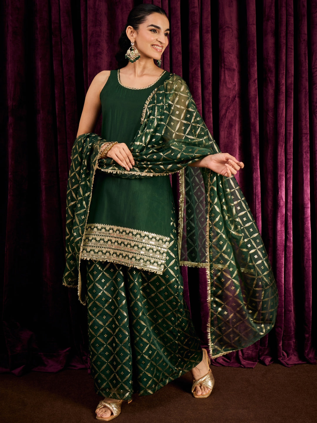 Janasya Women's Bottle Green Chanderi Silk Embroidered Straight Kurta with Palazzo and Dupatta Set