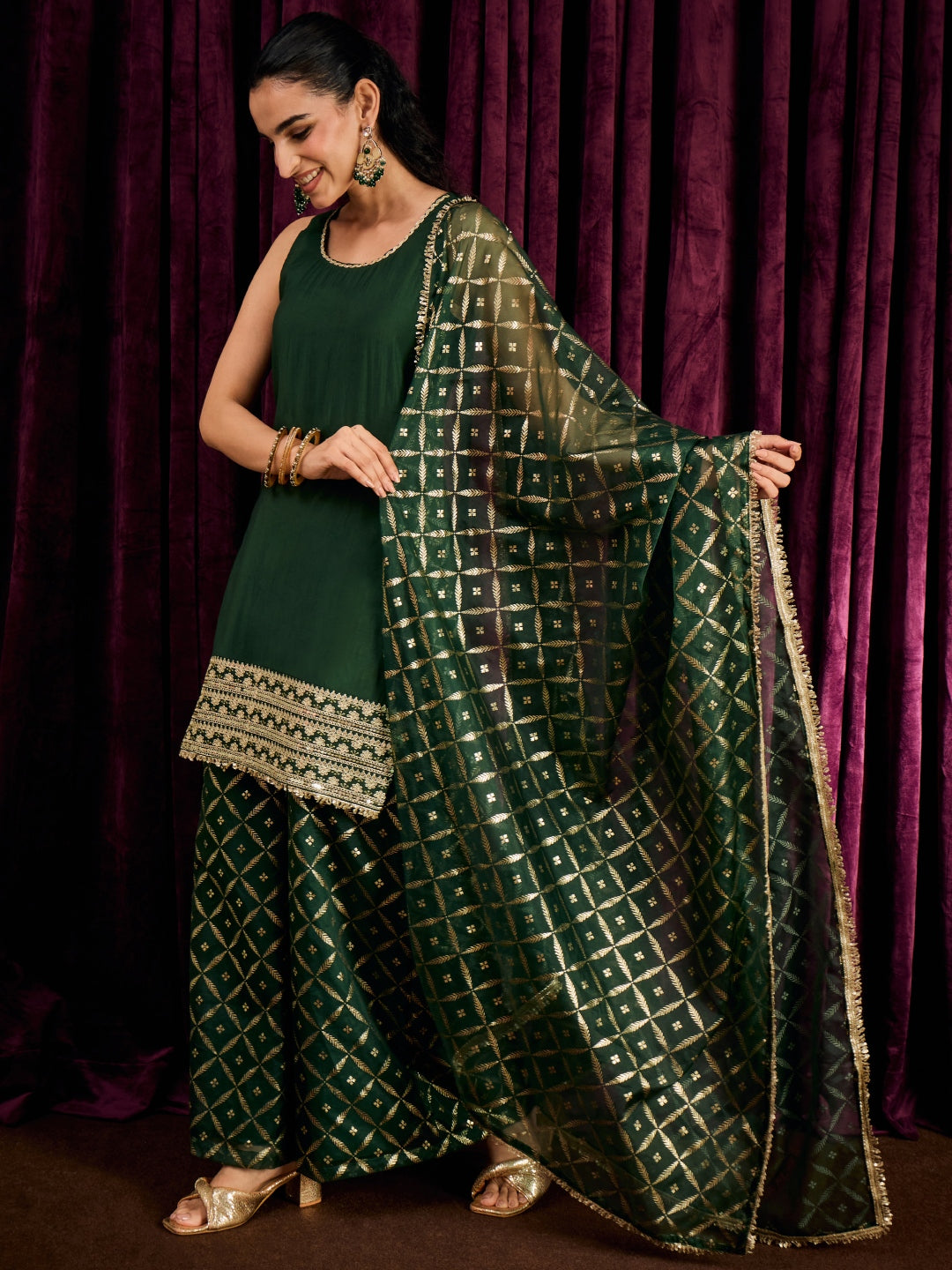 Janasya Women's Bottle Green Chanderi Silk Embroidered Straight Kurta with Palazzo and Dupatta Set