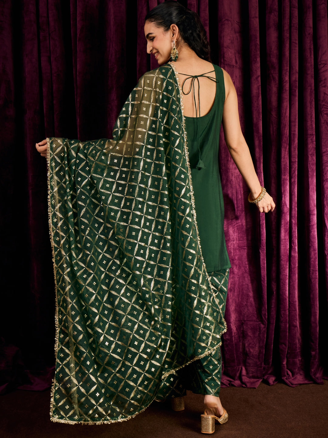 Janasya Women's Bottle Green Chanderi Silk Embroidered Straight Kurta with Palazzo and Dupatta Set
