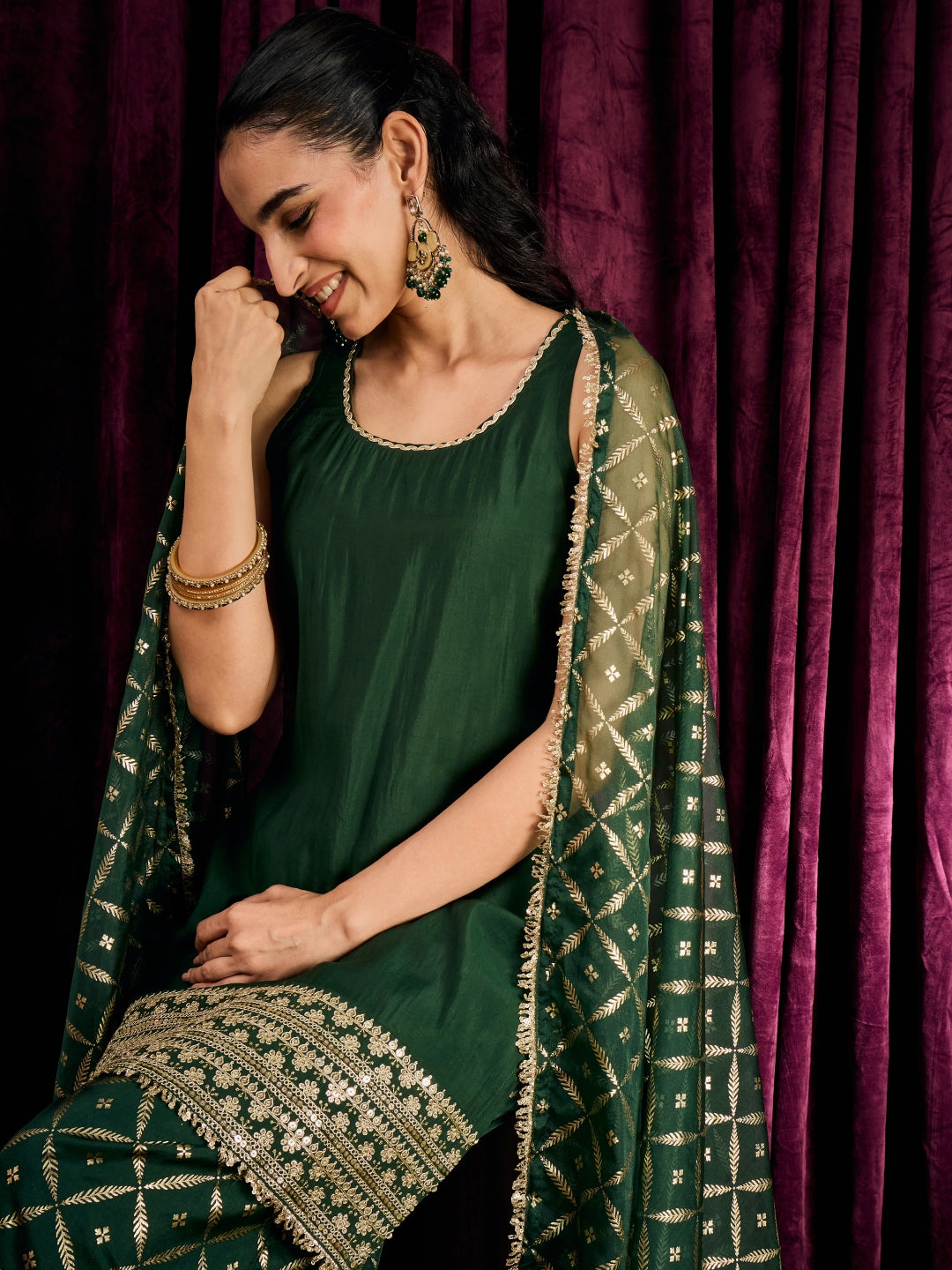 Janasya Women's Bottle Green Chanderi Silk Embroidered Straight Kurta with Palazzo and Dupatta Set