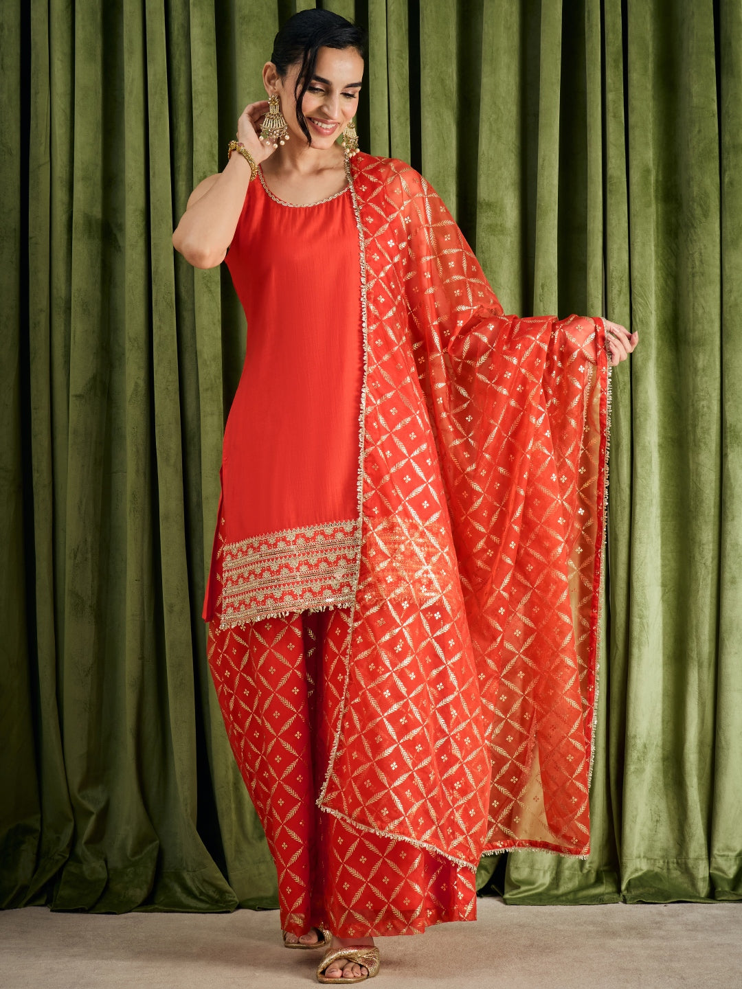 Janasya Women's Orange Chanderi Silk Embroidered Straight Kurta with Palazzo and Dupatta Set