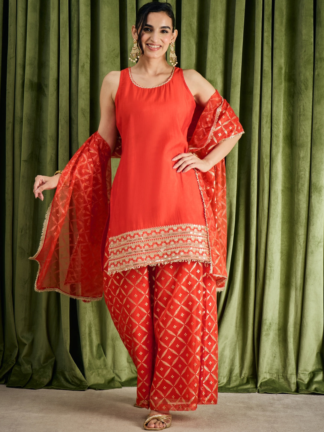 Janasya Women's Orange Chanderi Silk Embroidered Straight Kurta with Palazzo and Dupatta Set